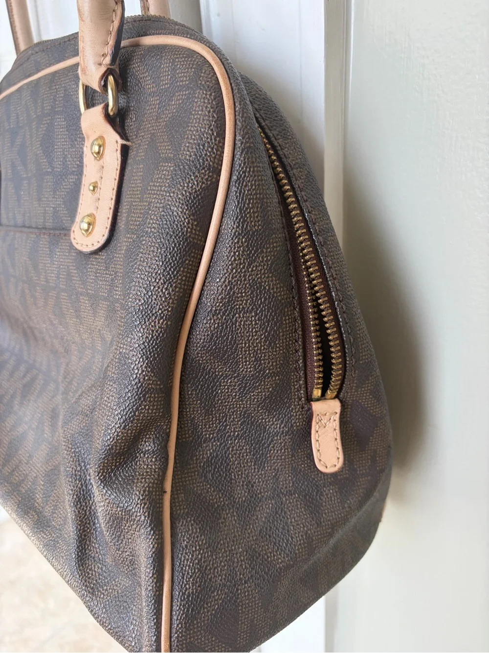 Michael Kors Dark Brown MK Logo Dome Satchel with Light Tan Trim